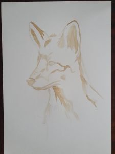 Step 2.Outline of fox in light coffee painting on white paper.