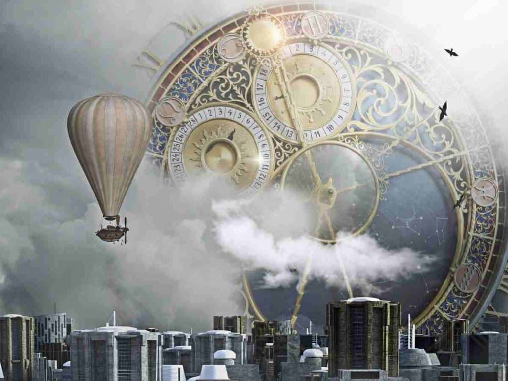 A dreamscape digital painting of a hot air balloon in front on a city skyline with cogs and gears in the background