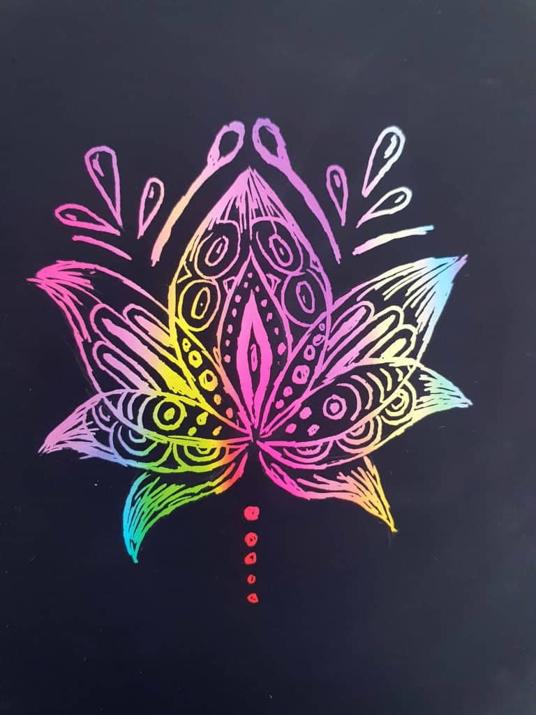 a Rainbow lotus flower done in scratchboard