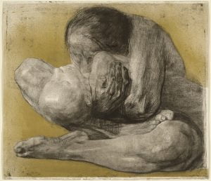 Woman cradling her dea child - a drawing in black charcoal by Kathe Kollwitz
