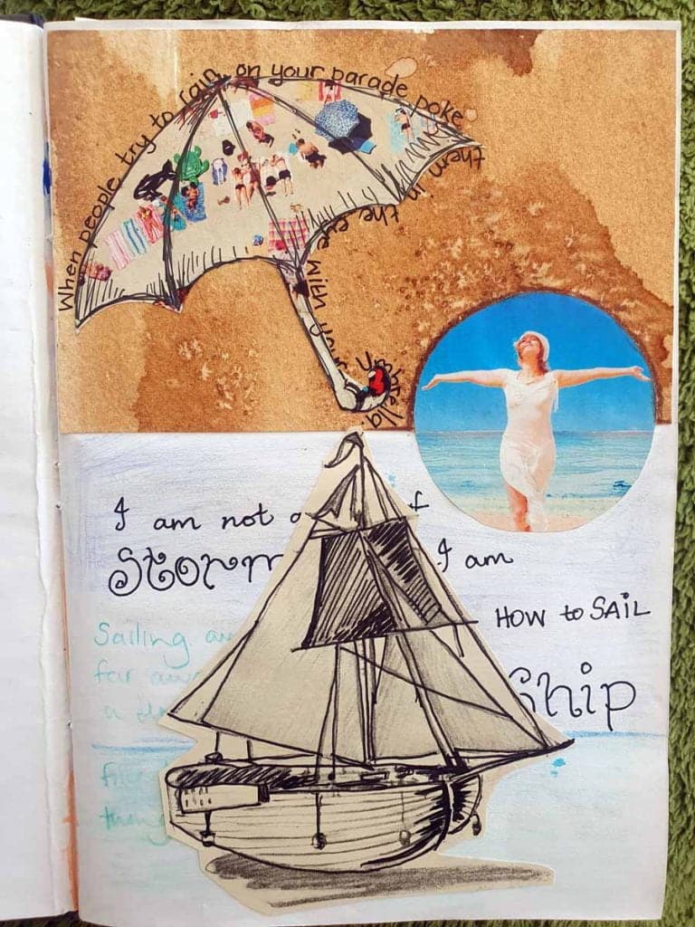 A mixed media collage with an umbrella and a lady standing under it and a ship