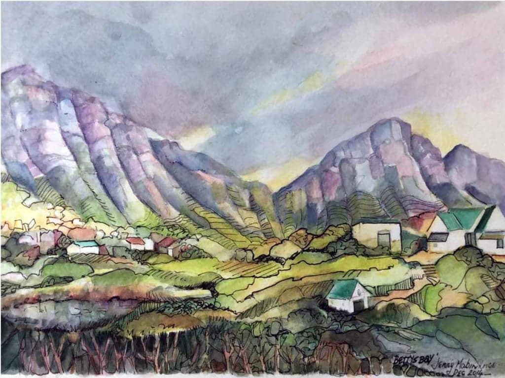Watercolor and pen painting of Betty's Bay Jenni Mabin Krige