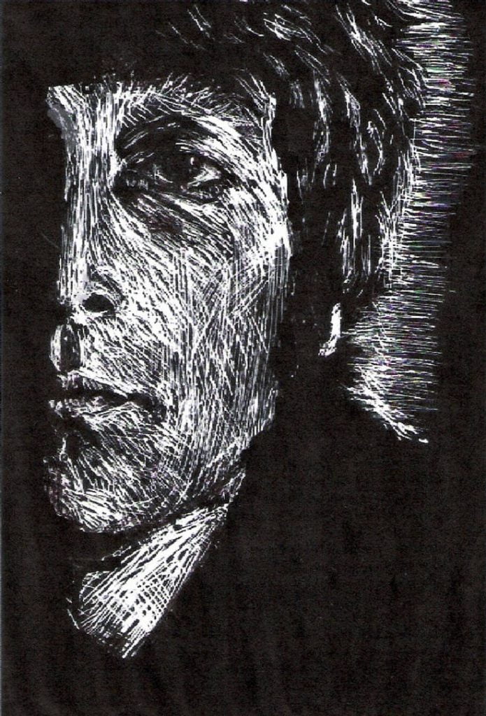 Scratchboard Art Image of a male face by Aldrich Beat in black and white
