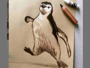 happy penguin drawing in black charcoal and white crayon