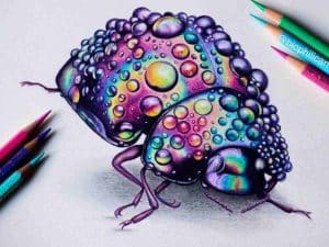 drawing of a wet beetle in purples and pinks