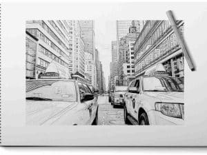 Perspective drawing of an urban scene in pencil