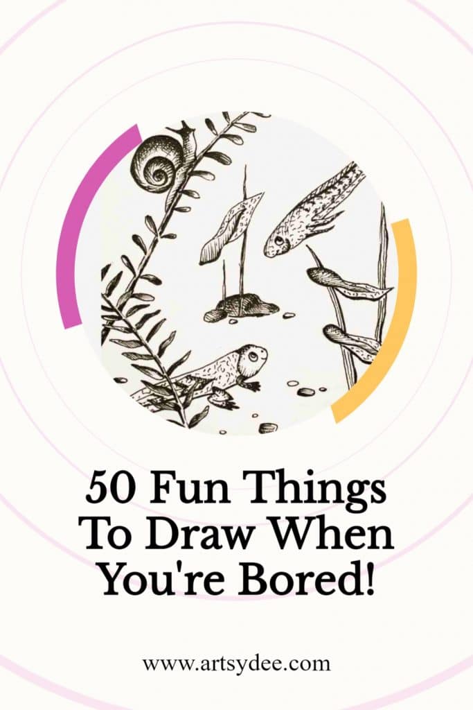 drawing of tadpoles in a circle with the words 50 fun things to draw when you're bored