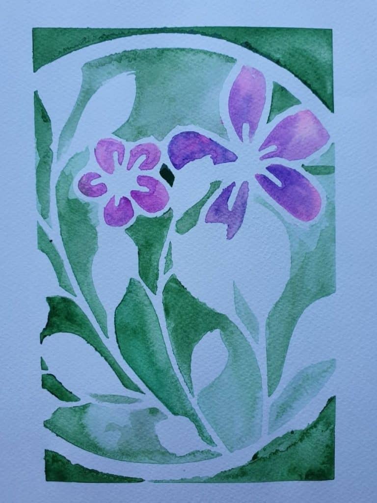 green and purple flower watercolor stencil painting