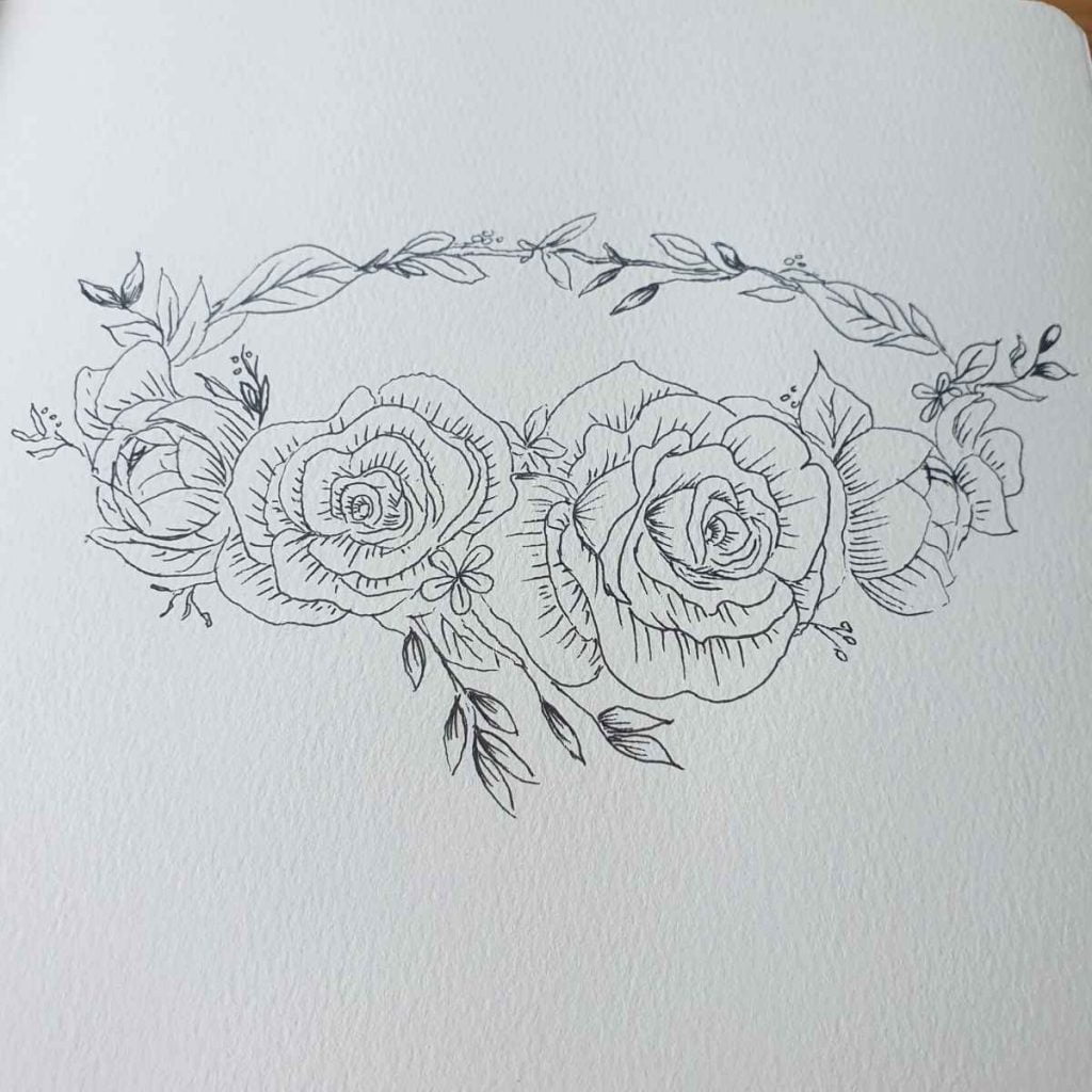 A Rose Flower Crown Drawing in Pen