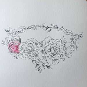 A Rose Flower Crown Drawing in Pen with a single painted rose