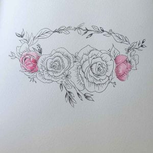 A Rose Flower Crown Drawing in Pen with two painted pink roses