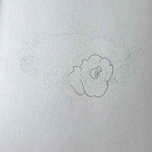 Pen outline of  a single rose on a Pencil Sketch of Shapes for Flower Crown Drawing