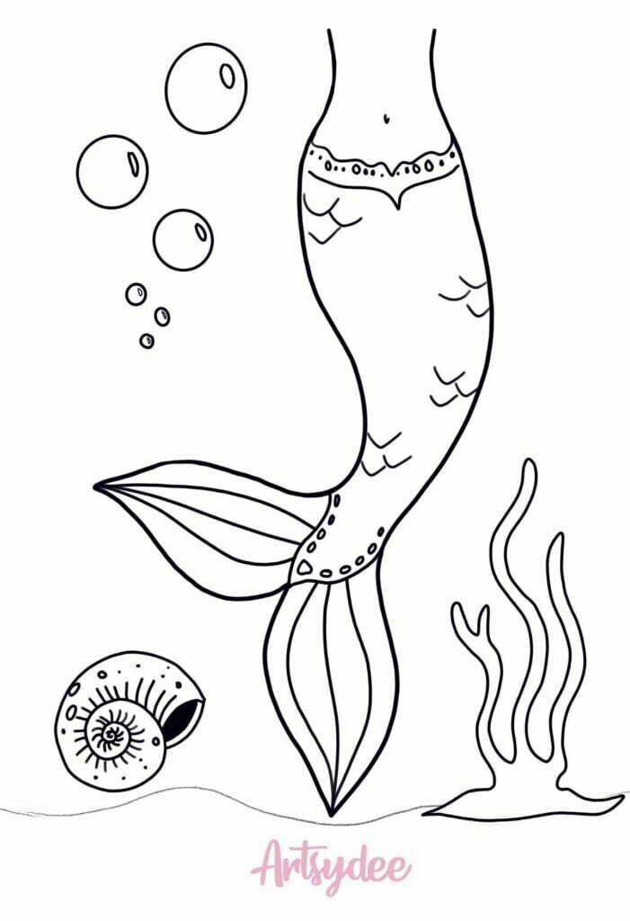 single detailed mermaid tail template with seaweed, a shell and bubbles