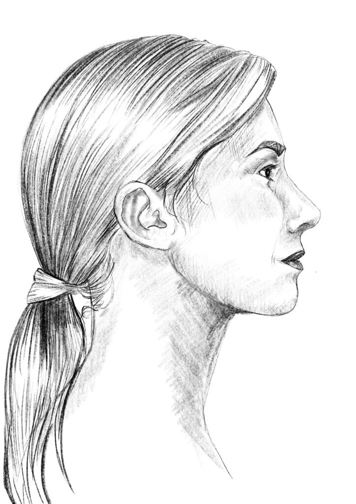 final shaded side profile drawing of a woman in pencil
