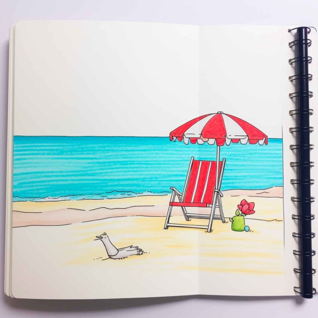 Summer vacation concept in line art drawing style. Coast of the sea,  umbrella, people relaxing on a 10852389 Vector Art at Vecteezy