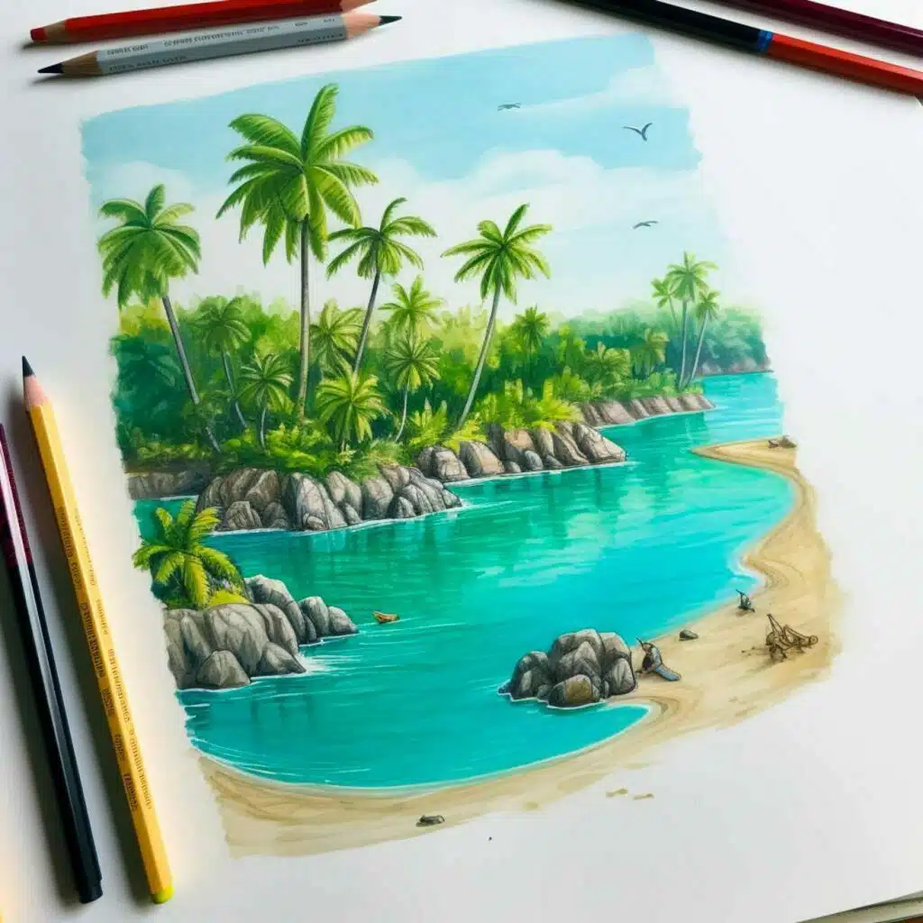How to draw island scene landscapee easy Step by step drawing pen and  pencil - YouTube