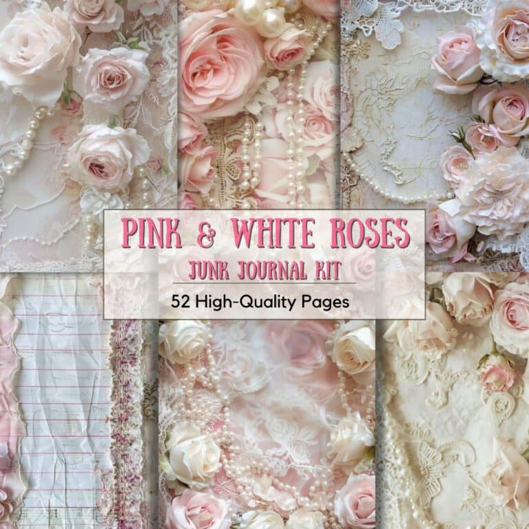 Pink and white rose Junk journal pages