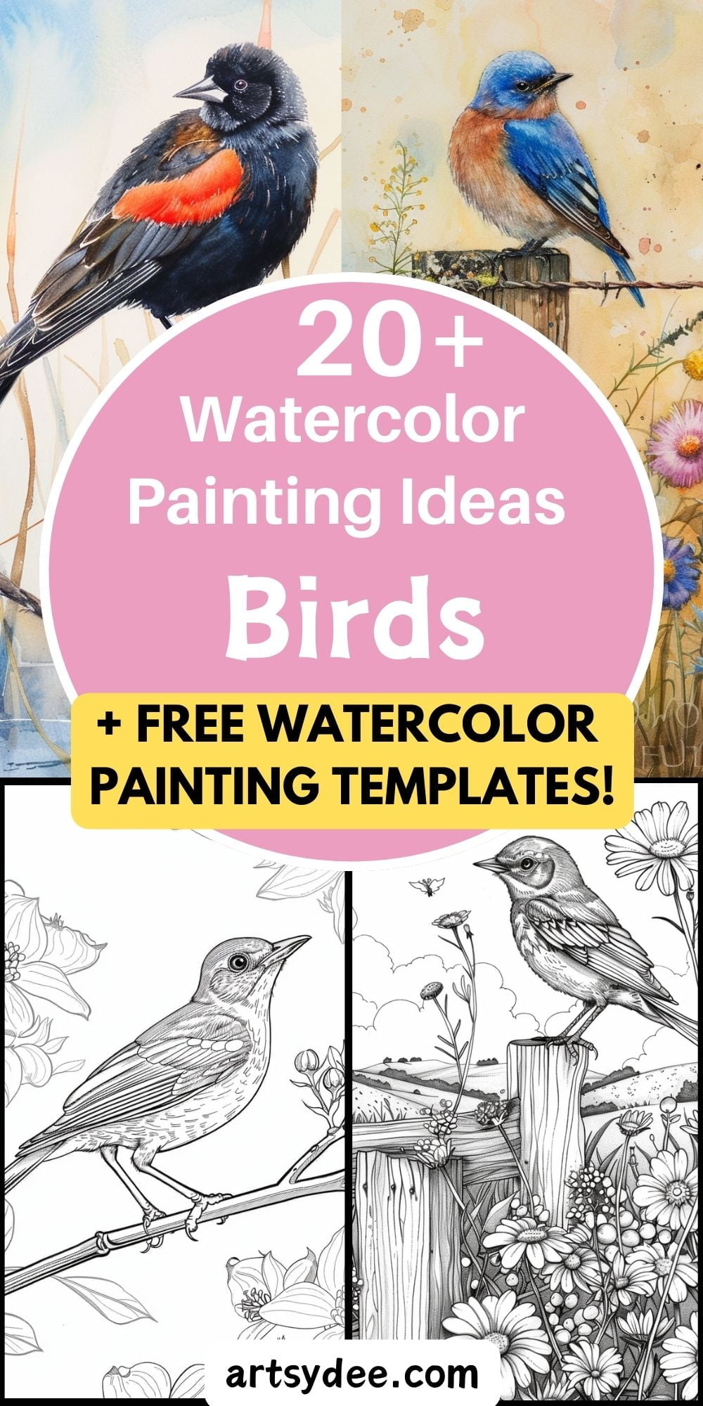 20 Whimsical Watercolor Birds Painting Ideas (+ FREE Printable Painting ...